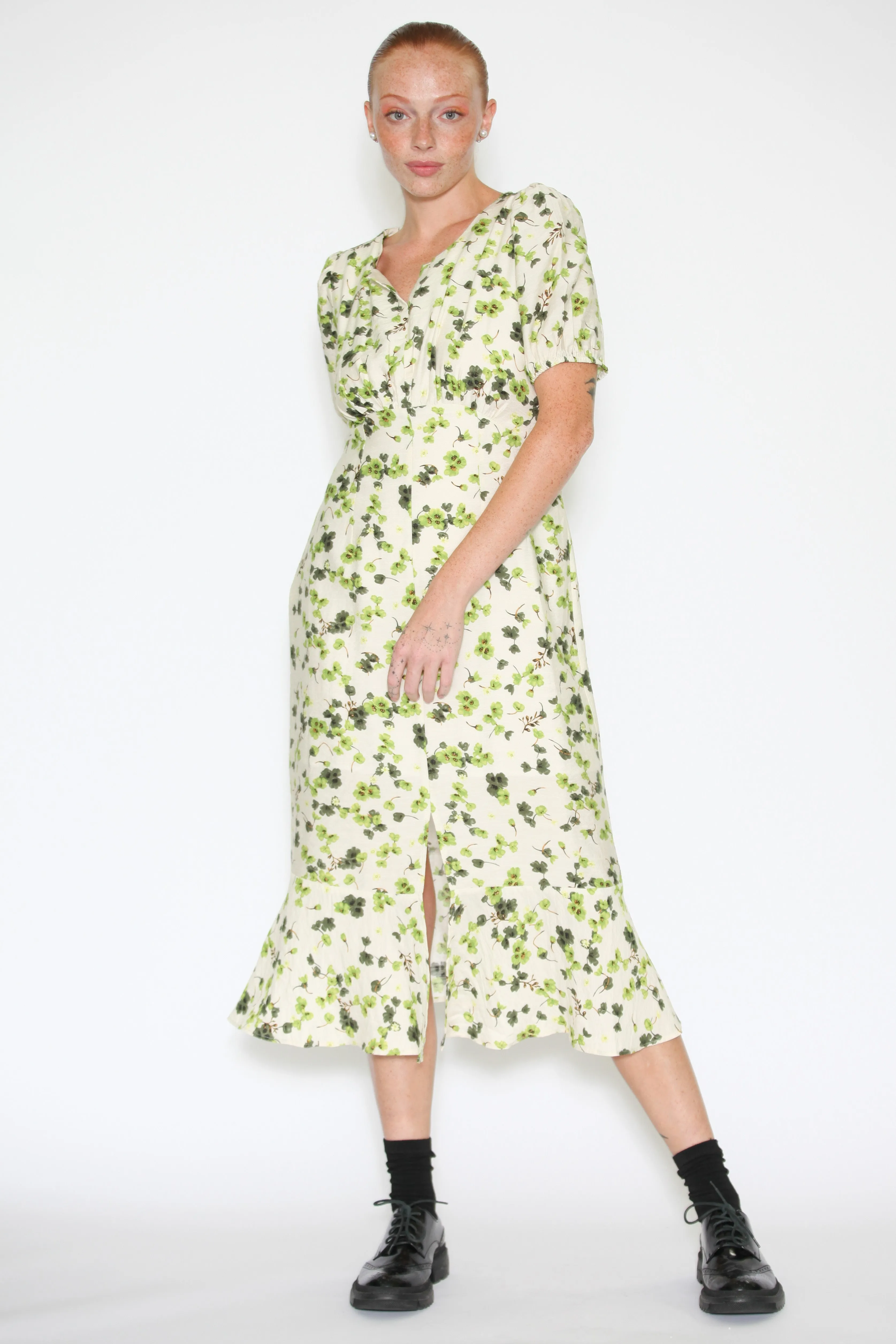 Cotton Linen Green Floral Dress