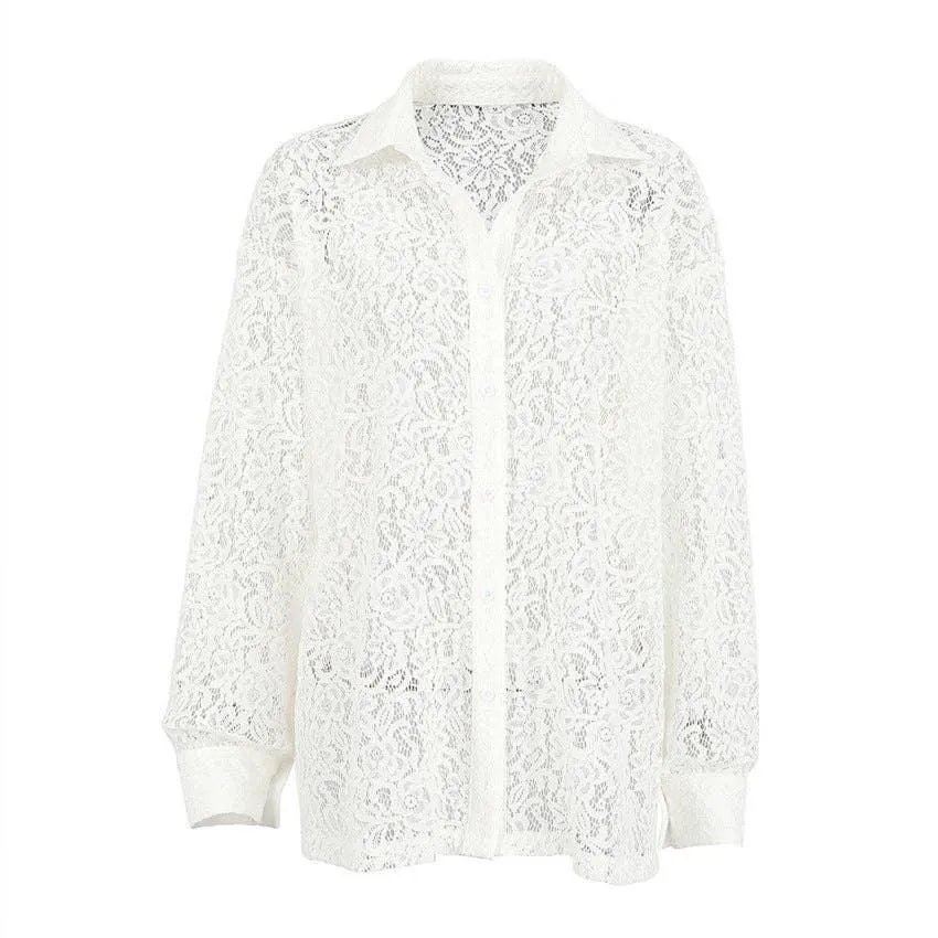 Ladies Lace See Through Ladies Botton Down Shirt CY1358