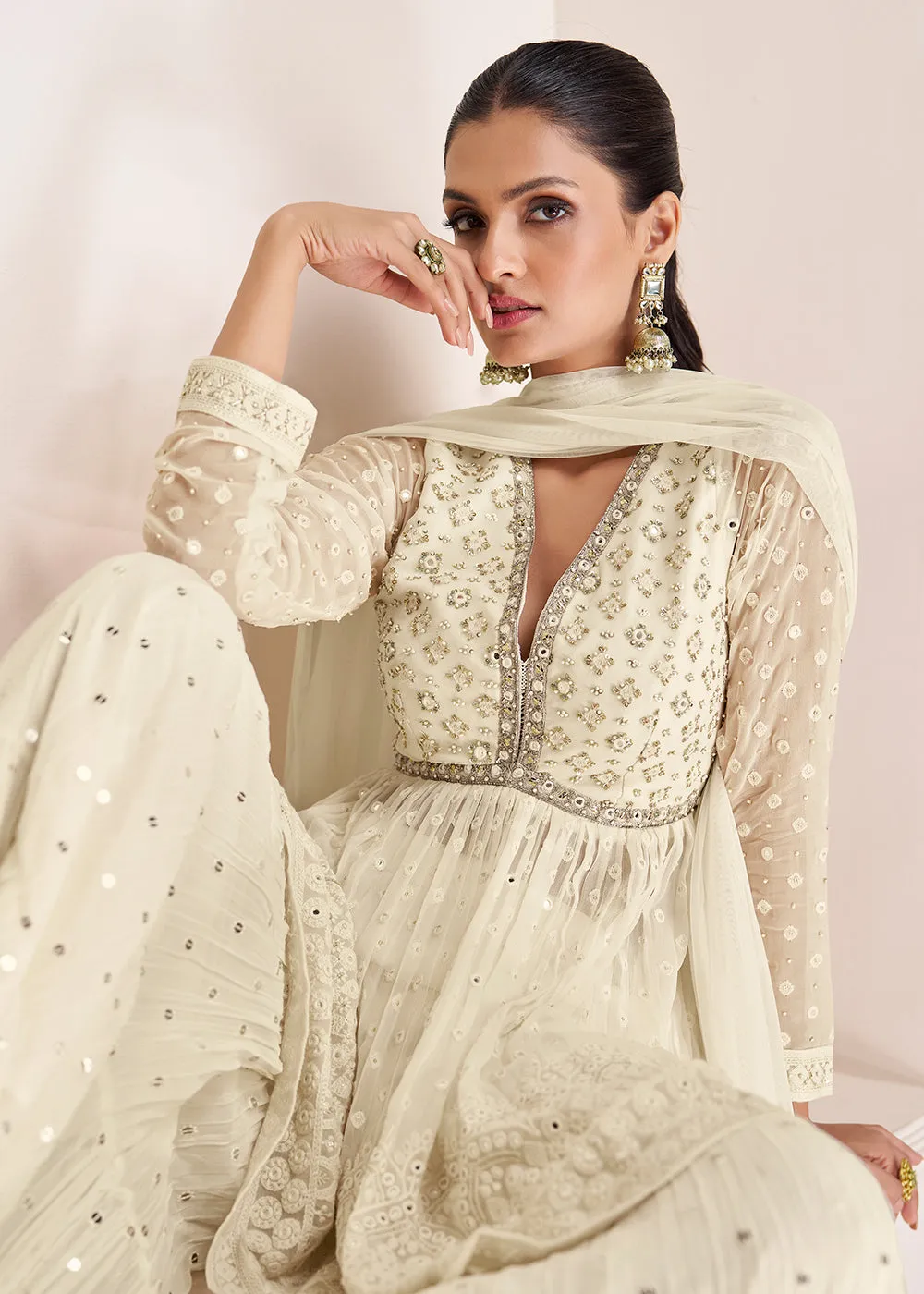 Party Ivory Cream Embroidered Peplum Style Sharara Suit